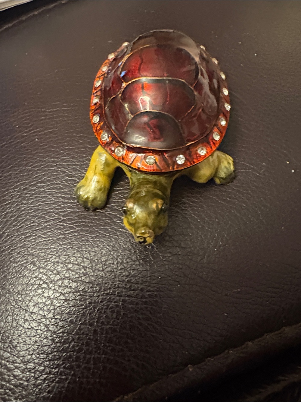 Decorative Enamel Turtle Trinket Box - Red Shell, Green Body With Rhinestones